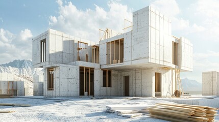 Fototapeta premium A modern, unfinished concrete house with wooden beams and a snowy landscape in the background.