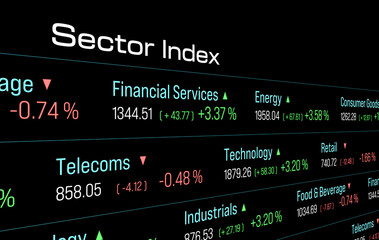 Obraz premium Ticker board, sector market data, financial services, telecoms, technology. Business, investment, market research. 3D illustration
