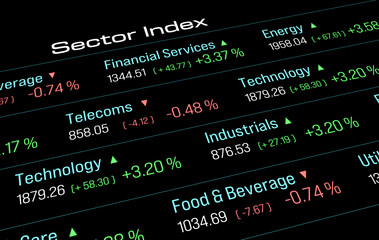 Obraz premium Ticker board, stock market and exchange, sector index. Financial markets, business, investment, market research. 3D illustration