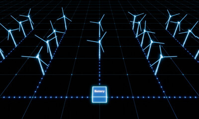 Wind turbines, energy storage, battery, planning, model wind farm, hologram,. Technology, environment, sustainable energy, enineering. 3D illustration