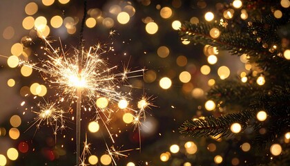 Sparkler amidst golden bokeh and evergreen branches creating a festive celebration