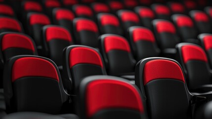 Obraz premium A row of black and red cinema seats in a movie theater.
