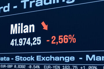 Fototapeta premium Milan stock index moving down. Falling Italian share prices, bearmarket, reduction, investment, business, crash, loss, crisis, stock market data. 3D illustration