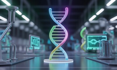 Colorful DNA helix in sci-fi laboratory with displays & equipment