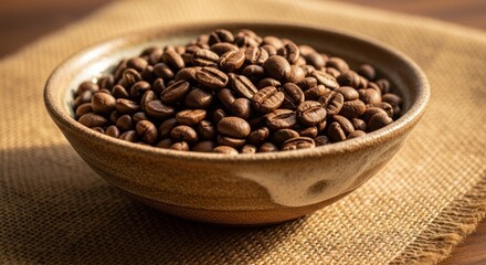 Fototapeta premium Coffee beans in a tan ceramic bowl sitting on burlap cloth, sunny lighting