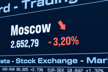 Fototapeta premium Moscow stock index moving down. Falling Russian share prices, bearmarket, reduction, investment, business, crash, loss, crisis, stock market data. 3D illustration