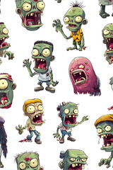 Cartoon-style zombies with exaggerated features in various poses on a white background