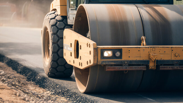 Close up of a yellow road roller compacting asphalt on a construction site with a large tire visible - Powered by Adobe