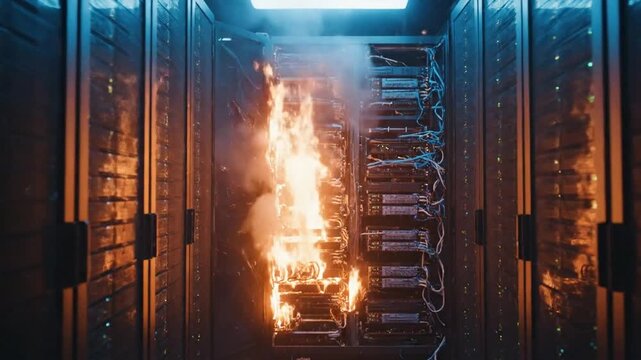 Burning Fire in Data Center Server Room with Rows of Computer Racks