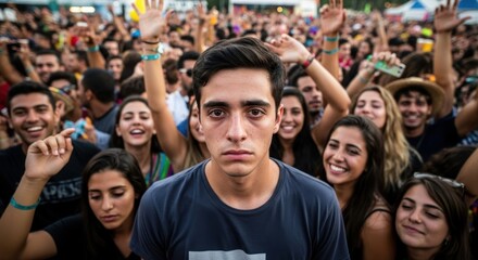 Fototapeta premium A young man standing in front of a crowd at a music festival. The man is wearing a blue t-shirt and has his hands raised in the air.