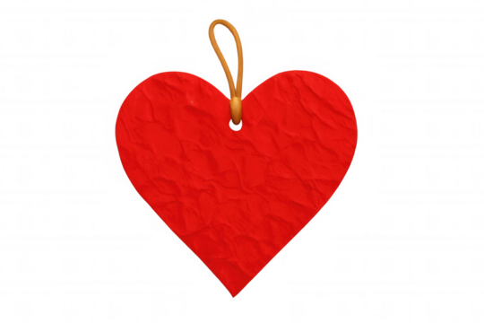 Paper heart wrinkled, hanging on knotted string, suspended against transparent backdrop, symbolizing romantic sentiment and love connection