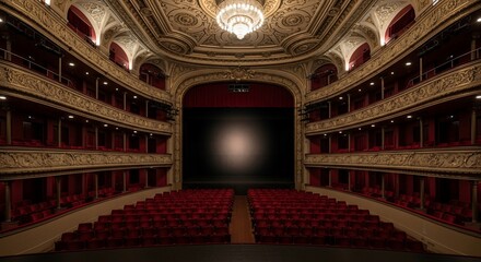 Obraz premium Grand theater interior, empty auditorium, ornate architecture, rich red seating.