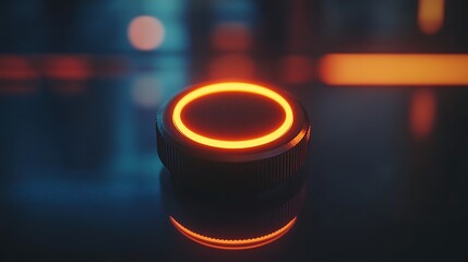 A glowing orange ring on a dark surface with a blurred background and a reflective surface below it