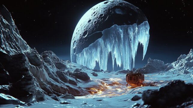 Frozen alien landscape with icy moon and futuristic vehicle under a starry sky in a science fiction setting
