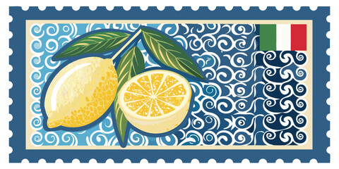 Italian stamp design featuring lemons and swirling patterns with the italian flag