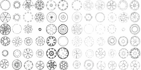 Collection of diverse circular floral and geometric patterns in a top down view black and white sketch style