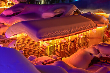 Night View of Snow Village in Northeast China