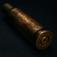 Macro detail shot of fired bullet casing showing burnt marks and realistic textures