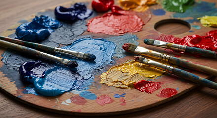 Artists wooden palette with colorful oil paints and brushes, ready for creative work