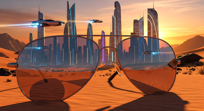 Future cityscape mirrored sunglasses sandy desert science fiction modern design background