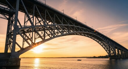 Obraz premium A majestic steel arch bridge spans a wide body of water under a beautiful golden sunset sky.