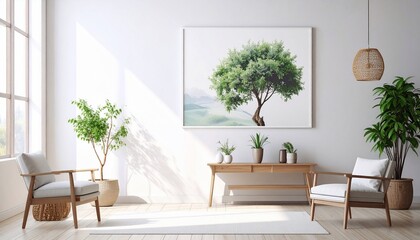 Modern living room interior design with nature-inspired decor and artwork