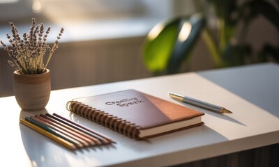 Desk with journal, pen, colored pencils, lavender, and a plant, sunlit