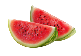 Two vibrant watermelon slices, a rich red hue with dark seeds.  Freshly cut, triangular segments, showing green rind