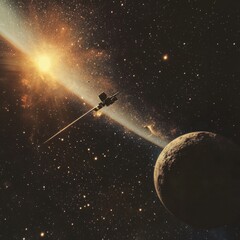 Spacecraft exploring distant planet with sun flare and starry background in cosmic journey