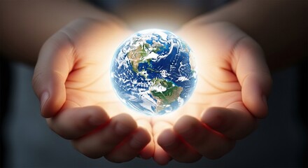 A child's hands gently hold a glowing Earth, symbolizing global care and responsibility.