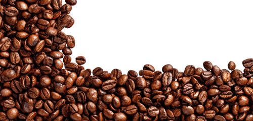 Close-up view of many roasted coffee beans