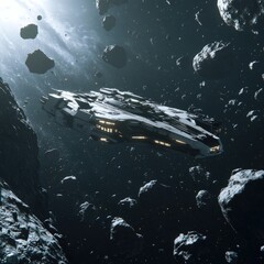 Futuristic spaceship navigating through a dense asteroid field in deep space with bright lights and cosmic dust clouds