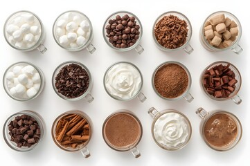 Hot chocolate ingredients studio shot, overhead, white background, recipe