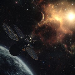 Satellite orbiting a planet with a nebula and stars in the background of deep outer space exploration and discovery