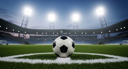 A soccer ball rests on the green grass of a stadium field, illuminated by bright stadium lights under a twilight sky, ready for a match.