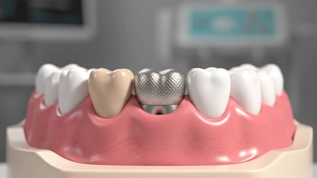 Dental Model Featuring a Tooth Crown Implant in a Pink Gingiva