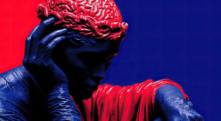 A sculpted head, deep reds and blues, thoughtful pose