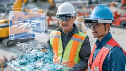 Construction Professionals: Construction workers on site utilizing augmented reality technology to monitor drone activity with a vision of innovation, demonstrating commitment, teamwork. - Powered by Adobe