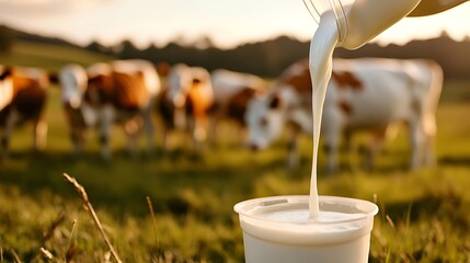 Pouring fresh milk into a plastic cup with cows grazing in the background on a sunny day in a field setting