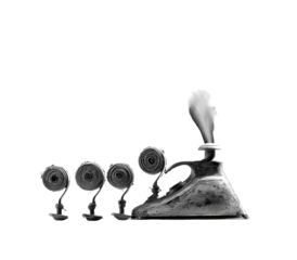 Vintage steam-powered device, likely a printing press or similar machinery, with smoke emanating from a nozzle.  Four small, round elements are positioned in a row below a larger, complex apparatus