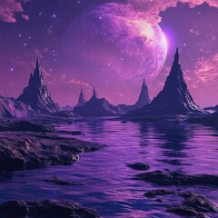 Surreal purple alien landscape with jagged mountains and a massive planet in the sky creating a dreamlike atmosphere