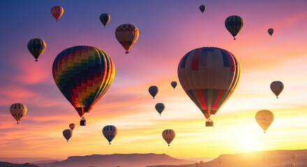 Naklejka premium Hot air balloons flying in the sky at sunset.