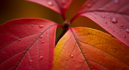Vibrant autumn leaves with water droplets, showcasing rich red and orange hues.