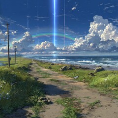 Coastal path under vibrant sky with rainbow and light beam