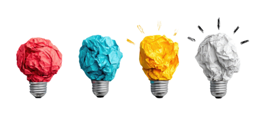 Four crumpled paper light bulbs in vibrant colors, each with a lightbulb design