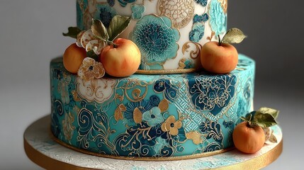 Ornate tiered cake with teal and gold floral pattern