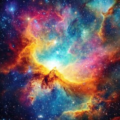 Vibrant cosmic nebula with swirling clouds of gas and dust in a colorful space scene
