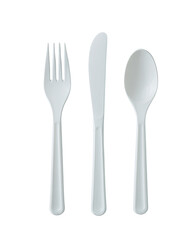 Simple illustration of a plastic fork, knife, and spoon