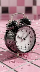 Black alarm clock on pink tiled surface, wet