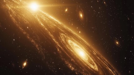 Golden galaxy shining brightly in the dark expanse of space with distant stars and cosmic dust creating a celestial spectacle
